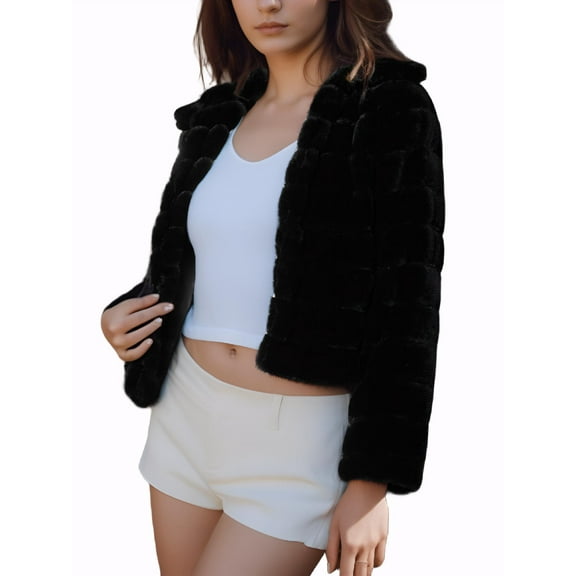 DARING DIVA Women's Faux Fur Fluffy Coat Collar Cropped Jacket L Black