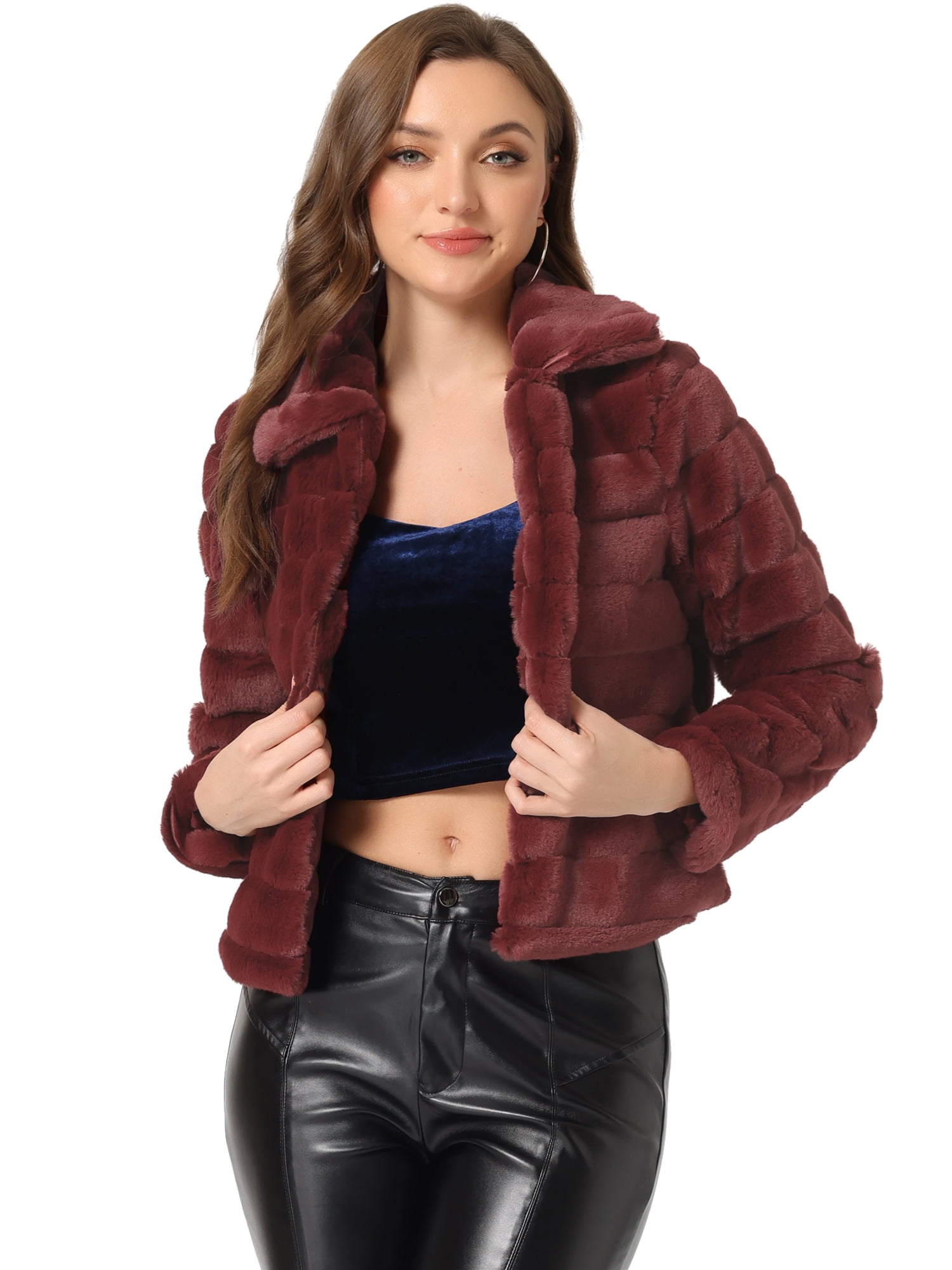 DARING DIVA Women's Faux Fur Fluffy Coat Collar Cropped Jacket M Burgundy