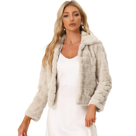 DARING DIVA Women's Faux Fur Fluffy Coat Collar Cropped Jacket M Light Khaki