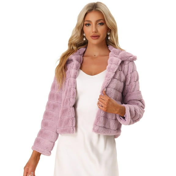DARING DIVA Women's Faux Fur Fluffy Coat Collar Cropped Jacket S Pink