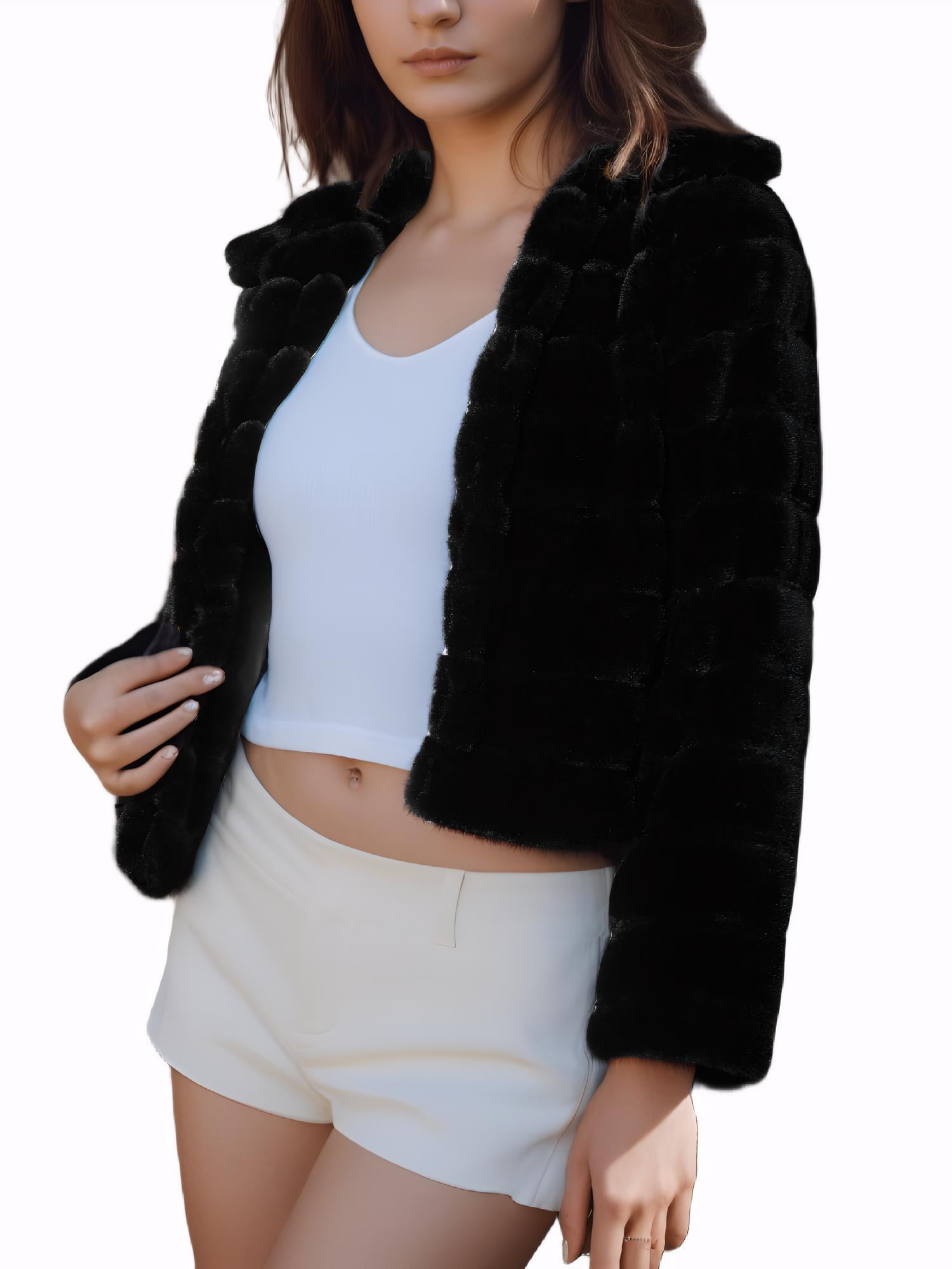 DARING DIVA Women's Faux Fur Fluffy Coat Collar Cropped Jacket XL Black