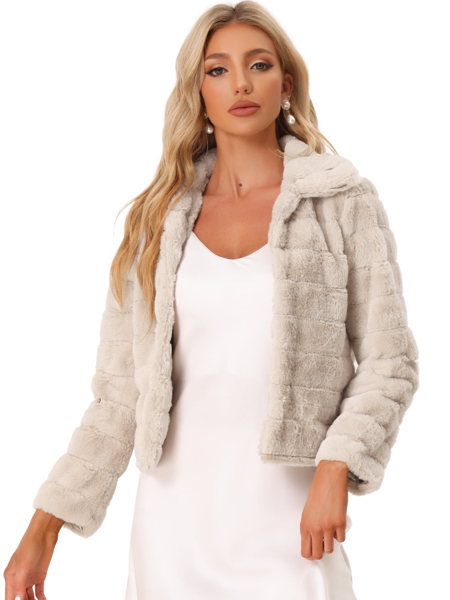 DARING DIVA Women's Faux Fur Fluffy Coat Collar Cropped Jacket XS Light Khaki