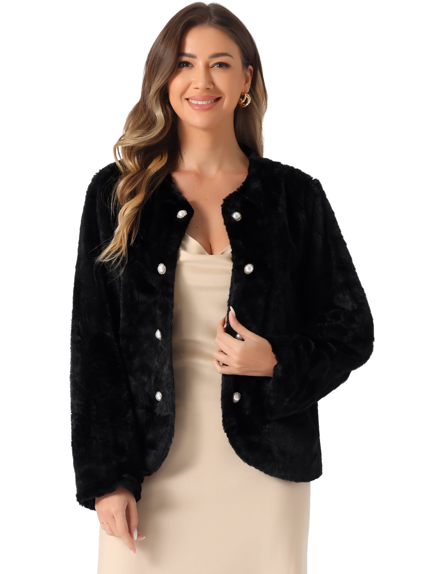 DARING DIVA Women's Winter Faux Fur Coat Jacket Long Sleeve Pockets Pearl Button XS Black