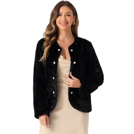 DARING DIVA Women's Winter Faux Fur Coat Jacket Long Sleeve Pockets Pearl Button XS Black