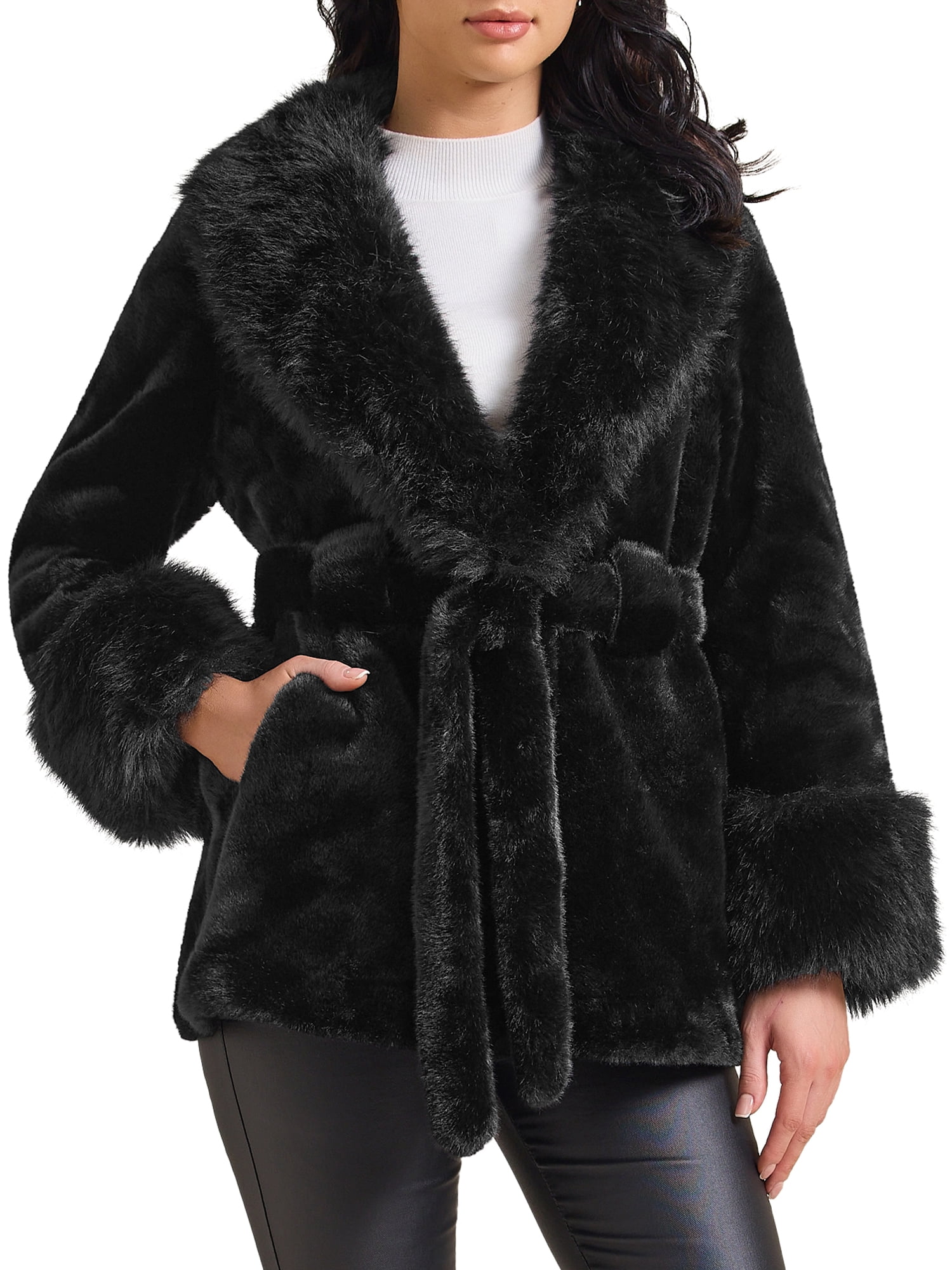 DARING DIVA Women's Faux Fur Long Sleeve Lapel Shaggy Jacket With Pockets L Black