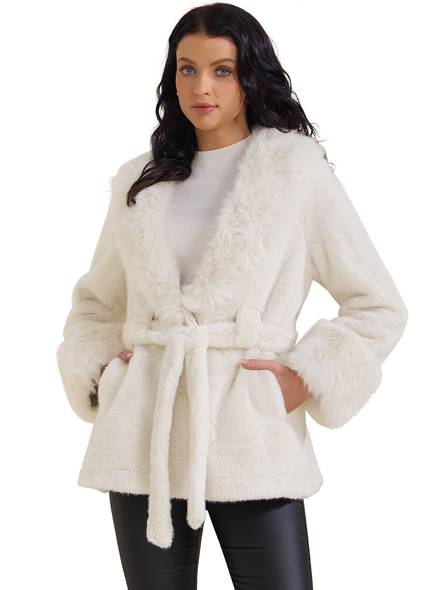 DARING DIVA Women's Faux Fur Long Sleeve Lapel Shaggy Jacket With Pockets L White