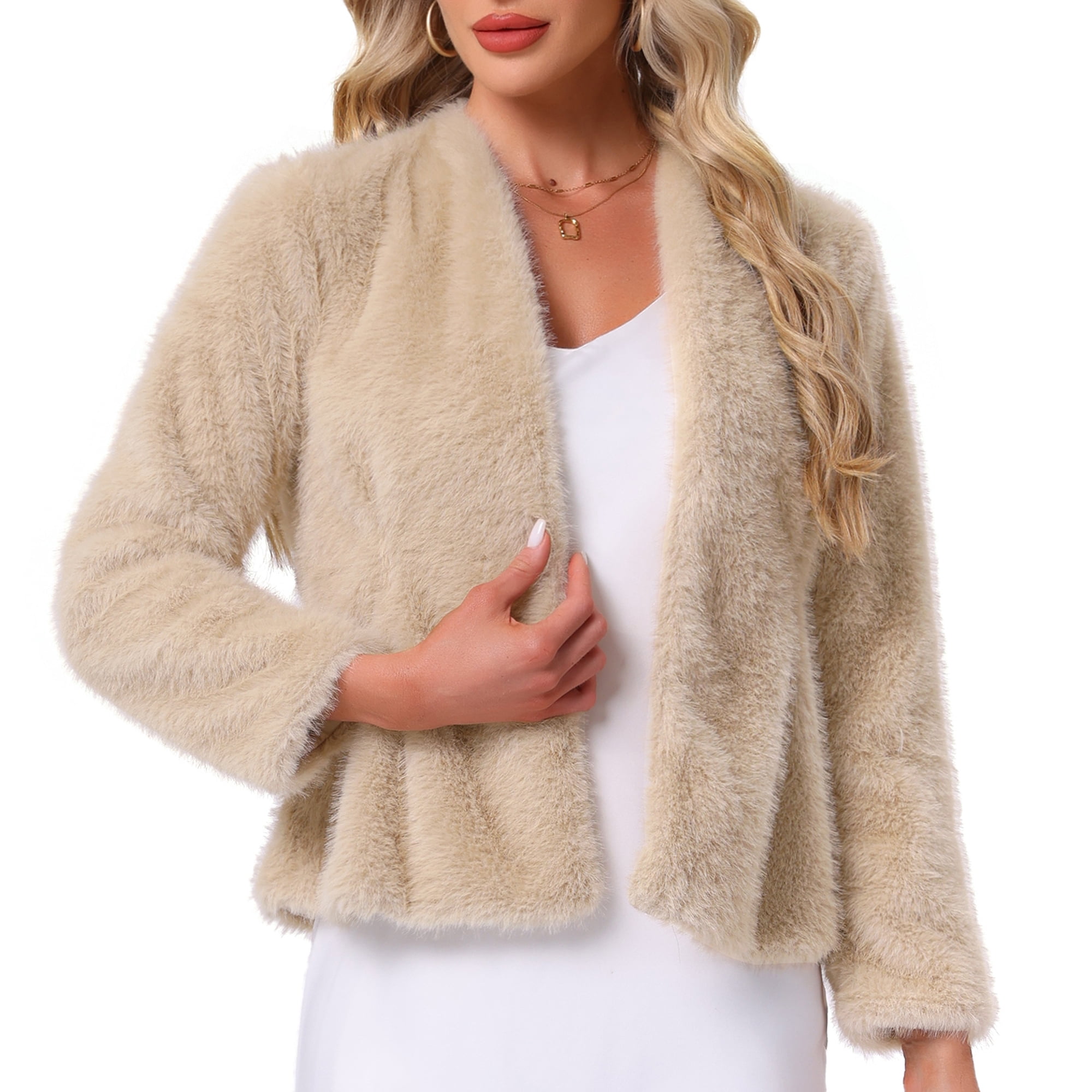 DARING DIVA Women's Faux Fur Long Sleeve Open Front Fluffy Jacket L Champagne Gold