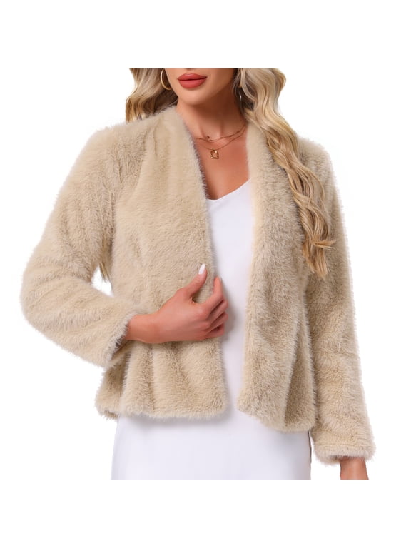 Women's Faux Fur Long Sleeve Open Front Fluffy Jacket S Champagne Gold