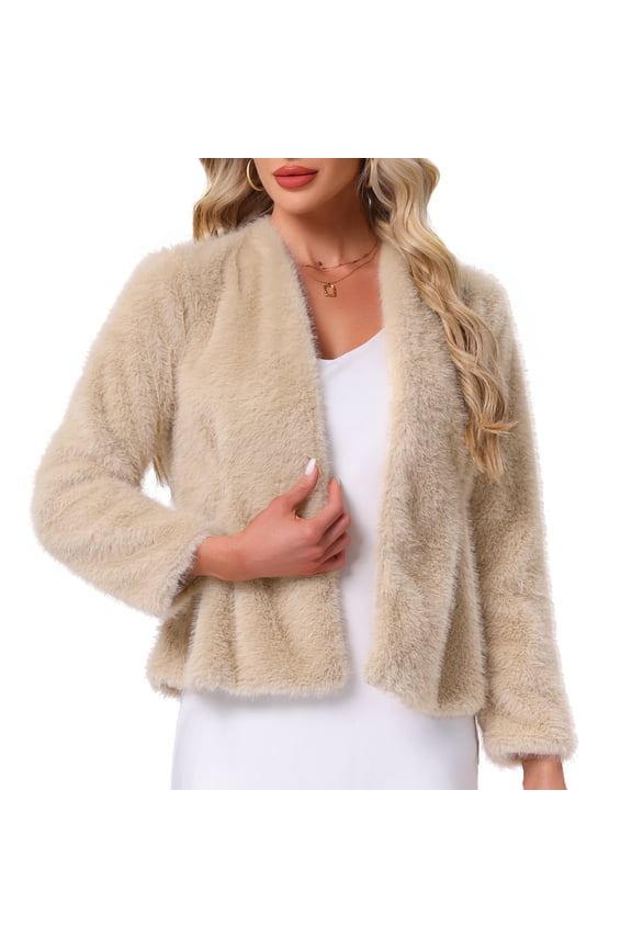 Women's Faux Fur Long Sleeve Open Front Fluffy Jacket XL Champagne Gold