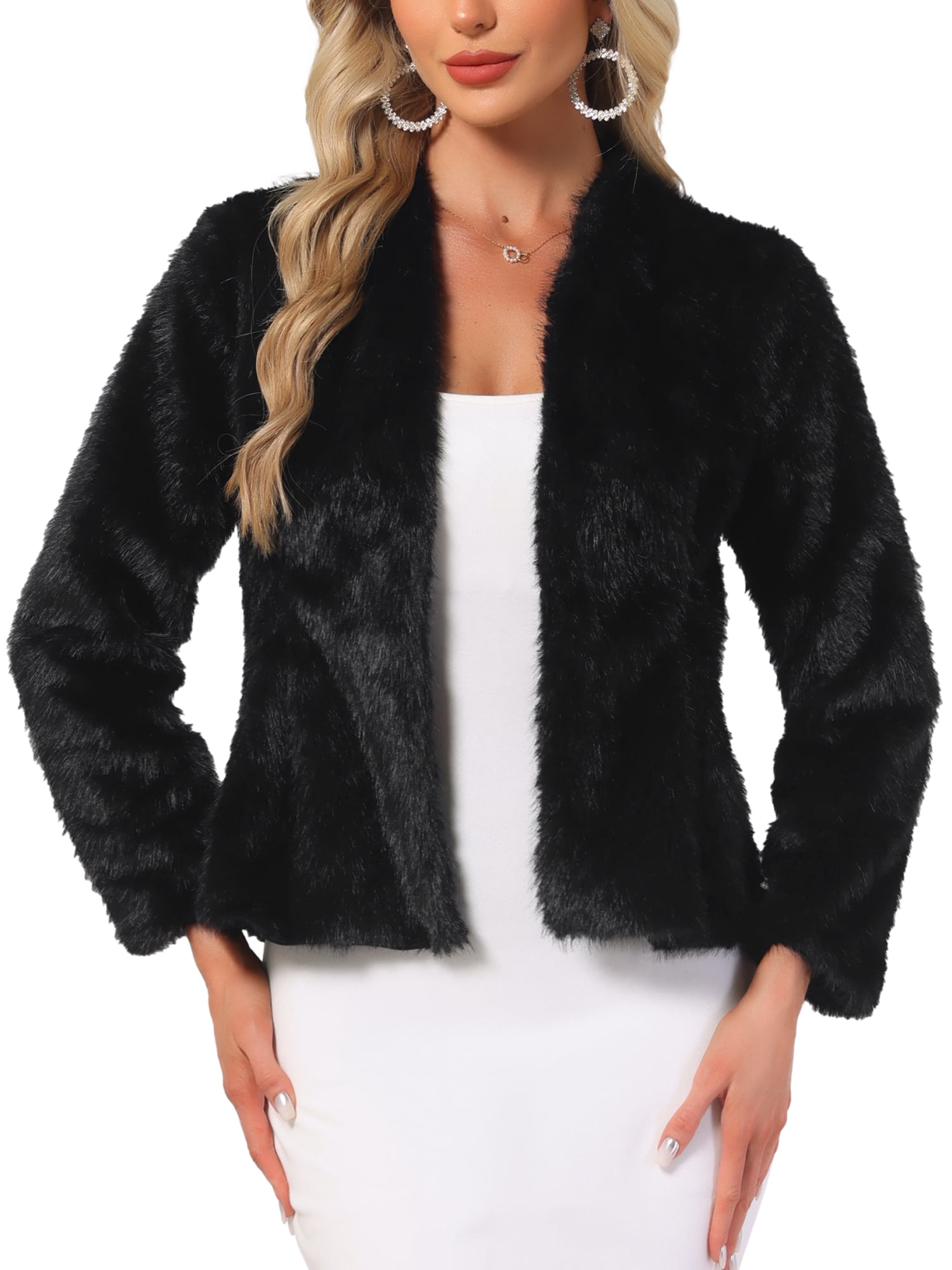 DARING DIVA Women's Faux Fur Long Sleeve Open Front Overcoat Fluffy Jacket L Black