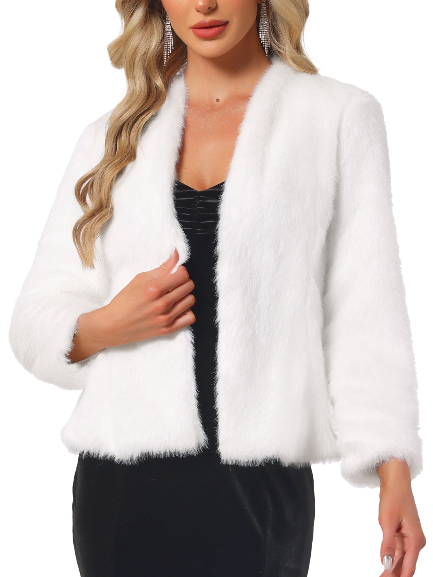 DARING DIVA Women's Faux Fur Long Sleeve Open Front Overcoat Fluffy Jacket S White