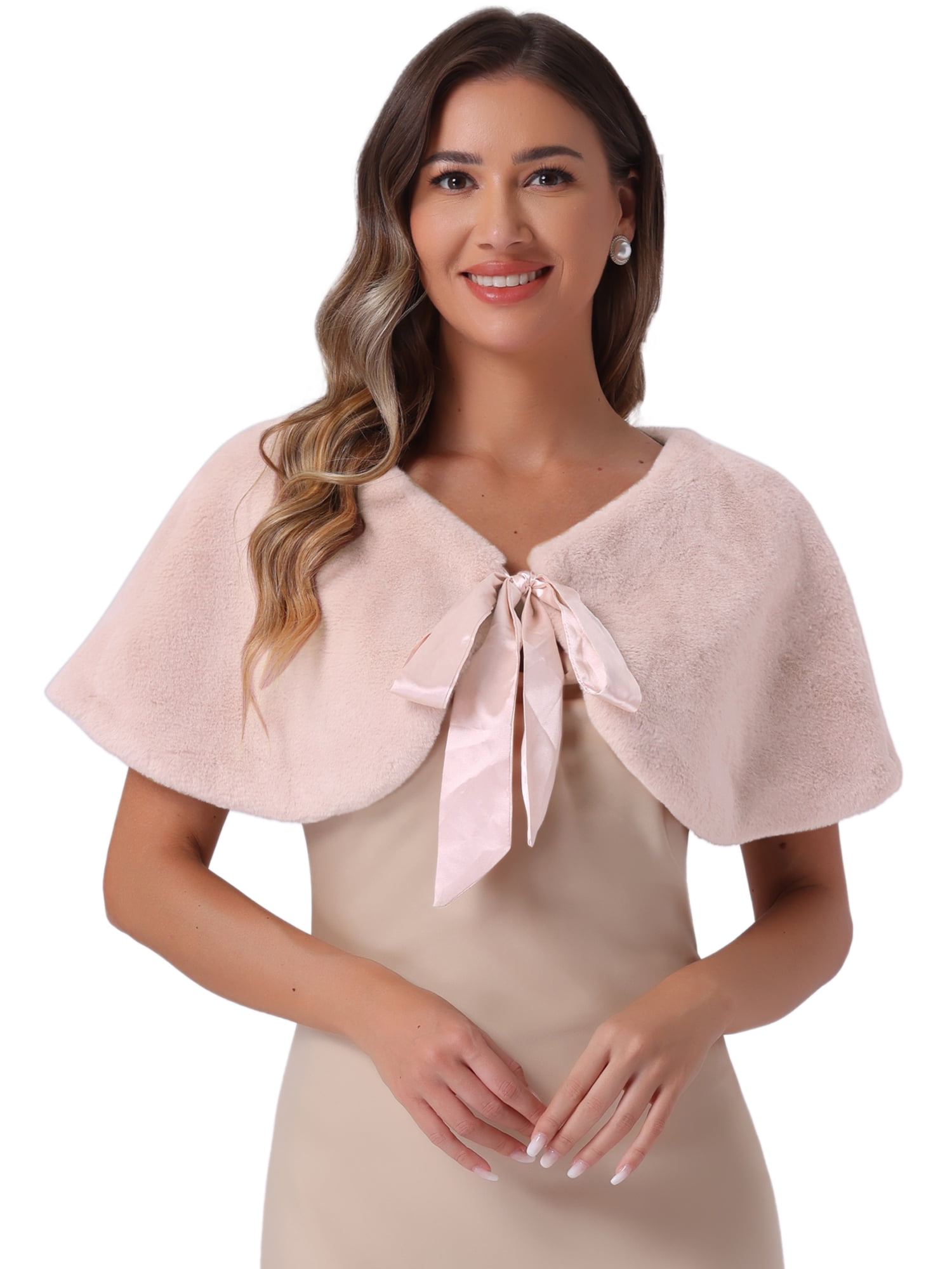DARING DIVA Women's Faux Fur Shawl Bowknot Ribbon Bridal Wrap Stole Shrug L Pink
