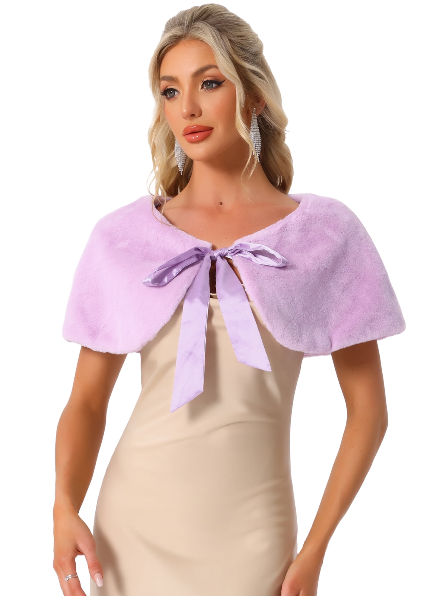 DARING DIVA Women's Faux Fur Shawl Bowknot Ribbon Bridal Wrap Stole Shrug XS Light Purple
