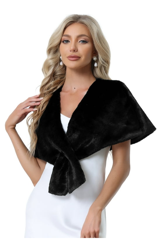 Women's Faux Fur Shawl Stole Winter Wedding Wrap L Black