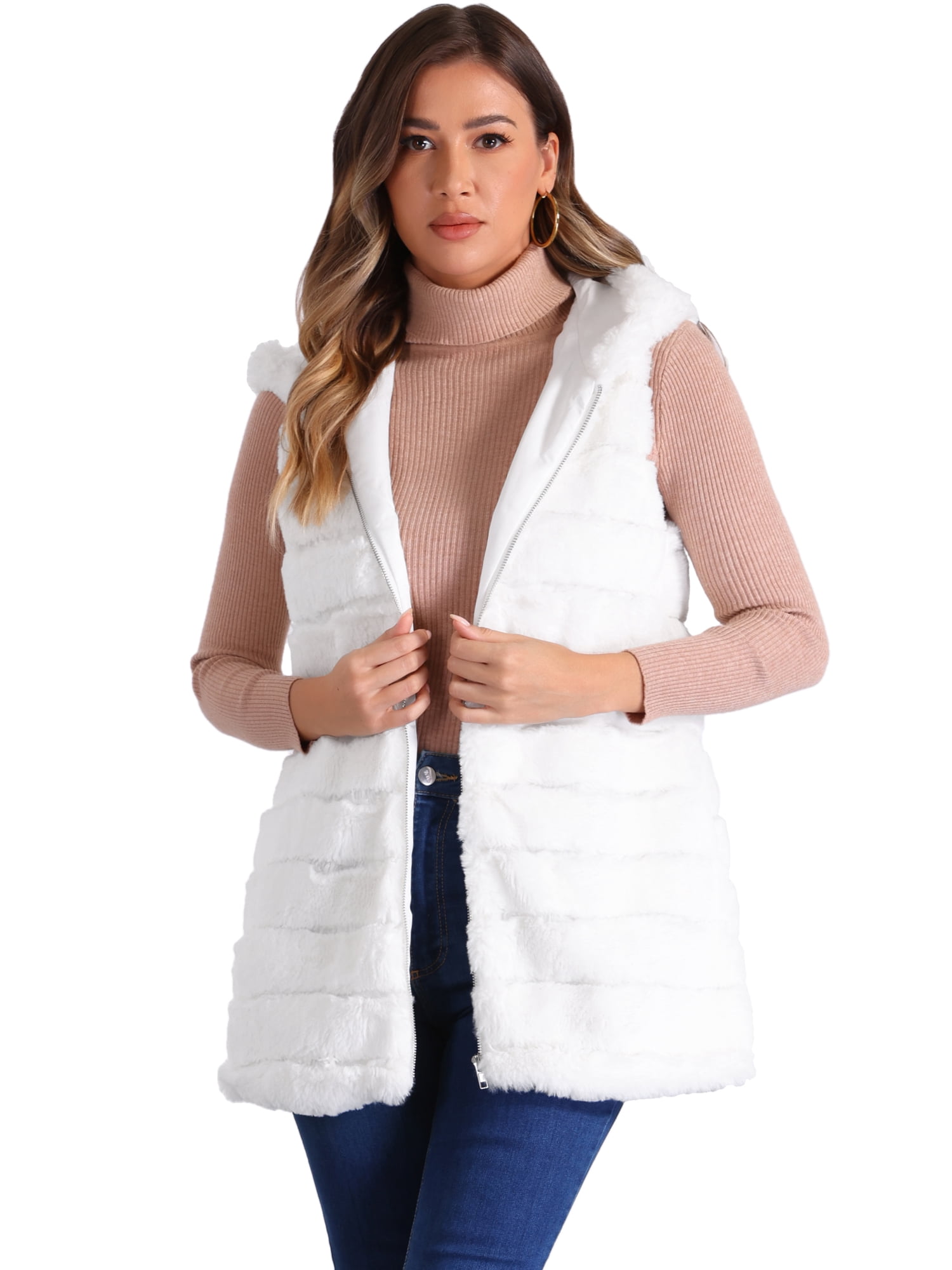 DARING DIVA Women's Faux Fur Sleeveless Zip Up Hooded Vest S White