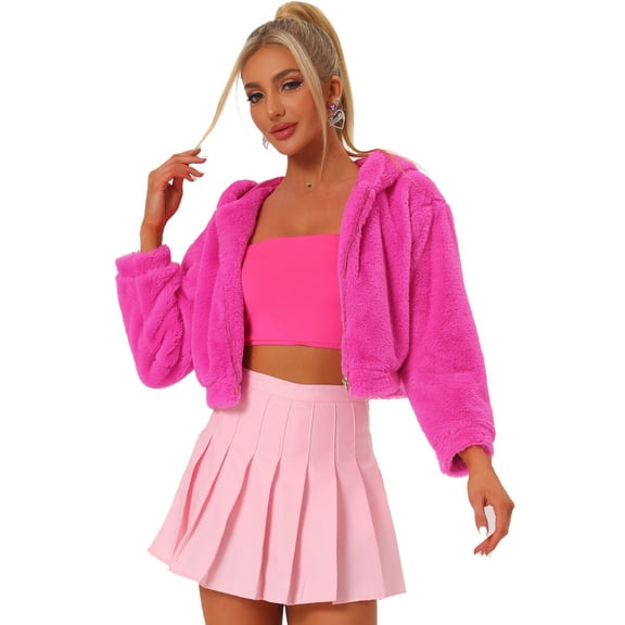 DARING DIVA Women's Faux Fur Zip Up Casual Fuzzy Hooded Crop Jacket S Hot Pink