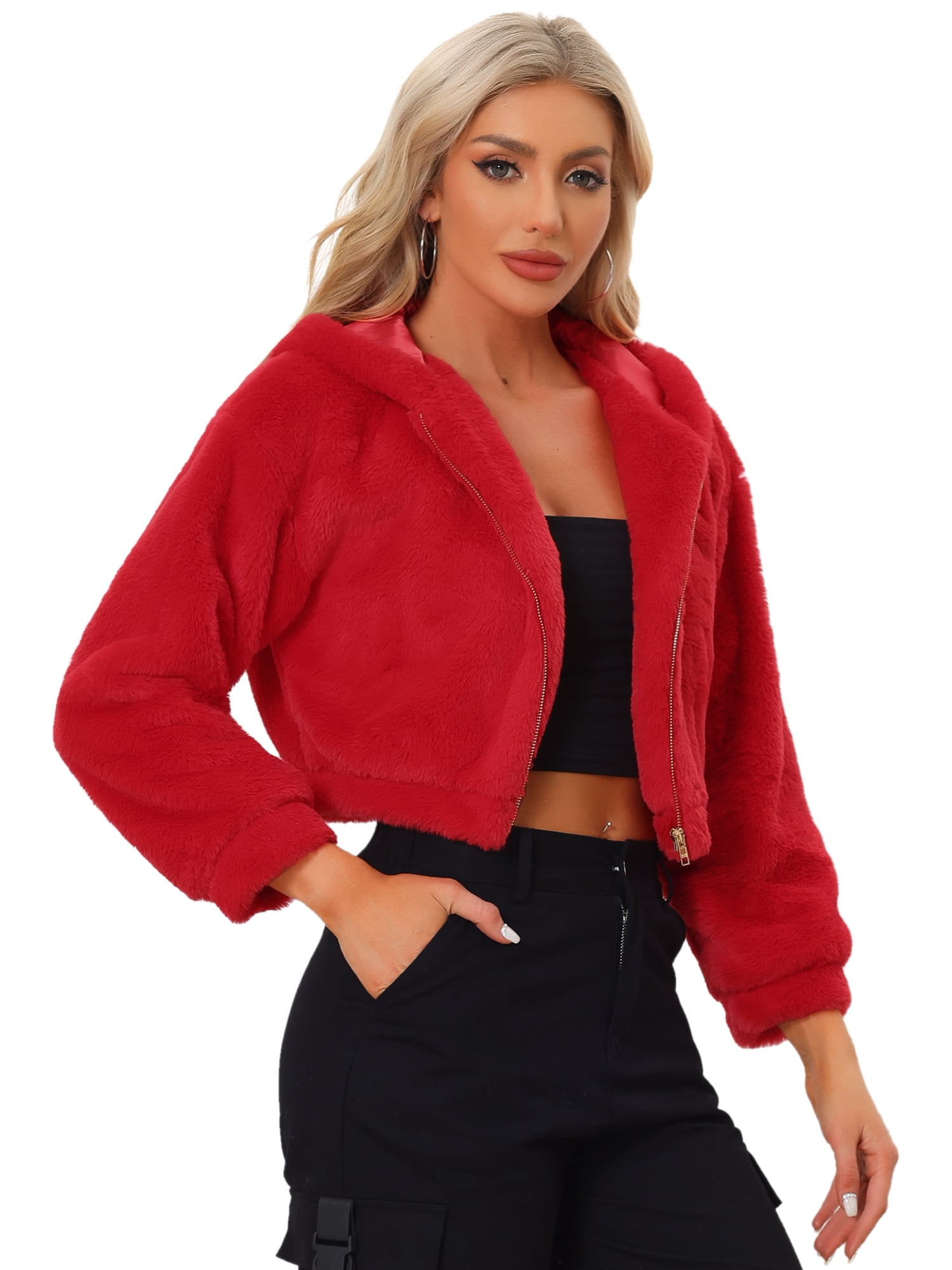 DARING DIVA Women's Faux Fur Zip Up Casual Fuzzy Hooded Crop Jacket XL Red