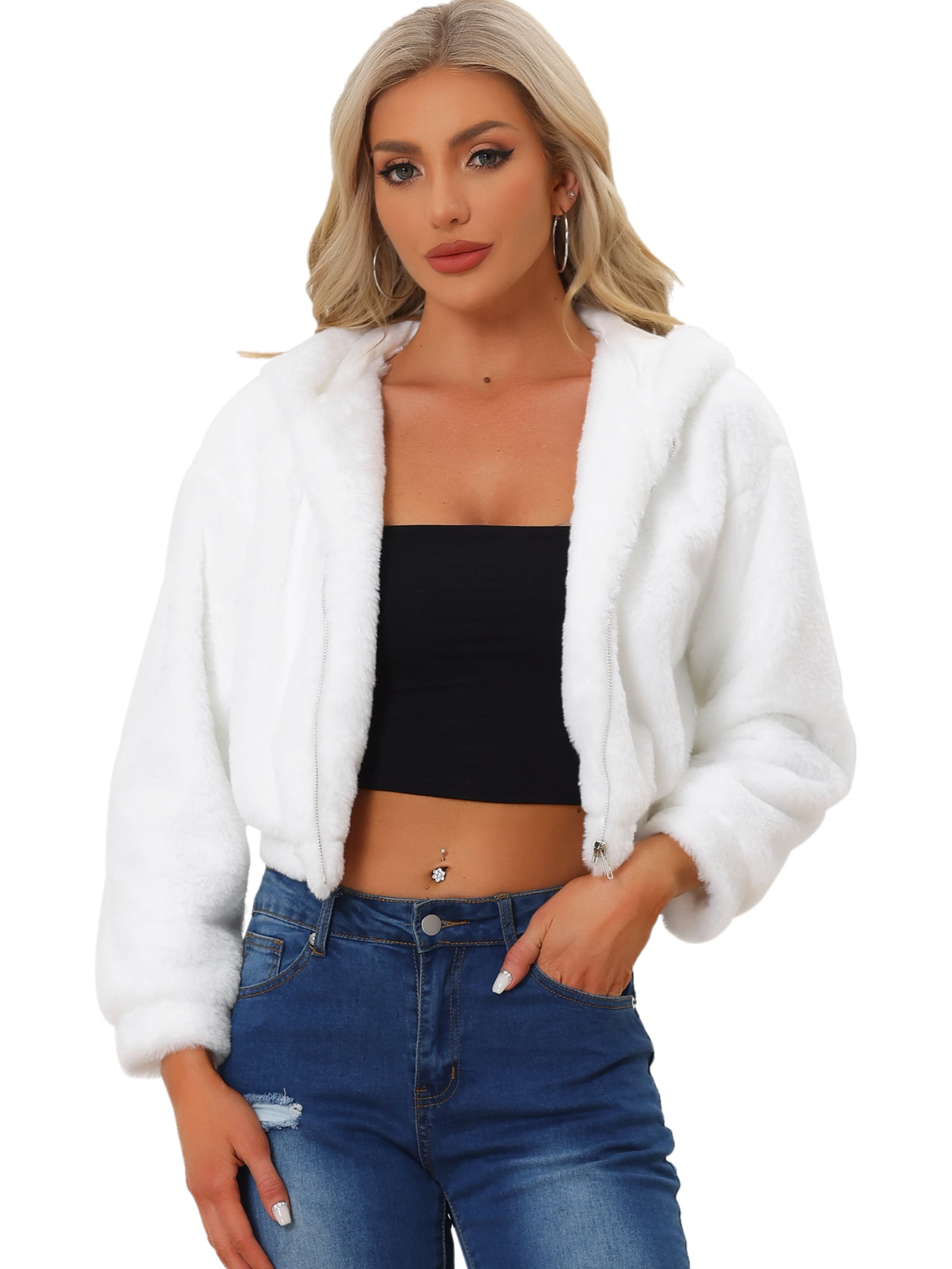 DARING DIVA Women's Faux Fur Zip Up Casual Fuzzy Hooded Crop Jacket XL White