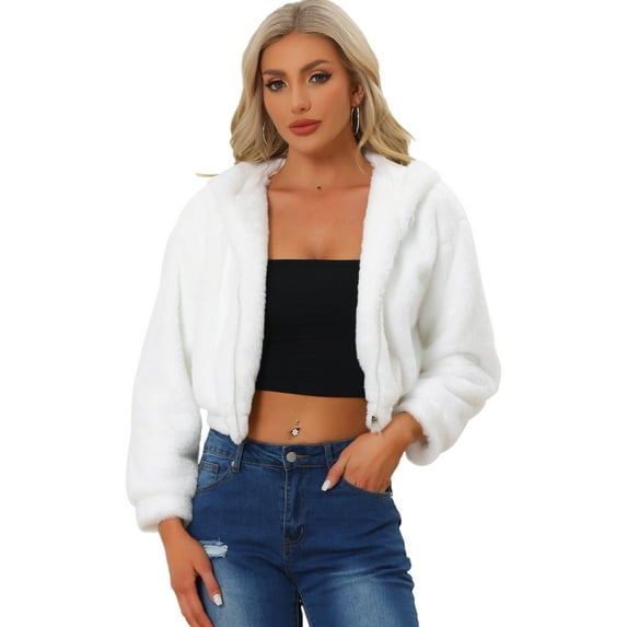 DARING DIVA Women's Faux Fur Zip Up Casual Fuzzy Hooded Crop Jacket XL White