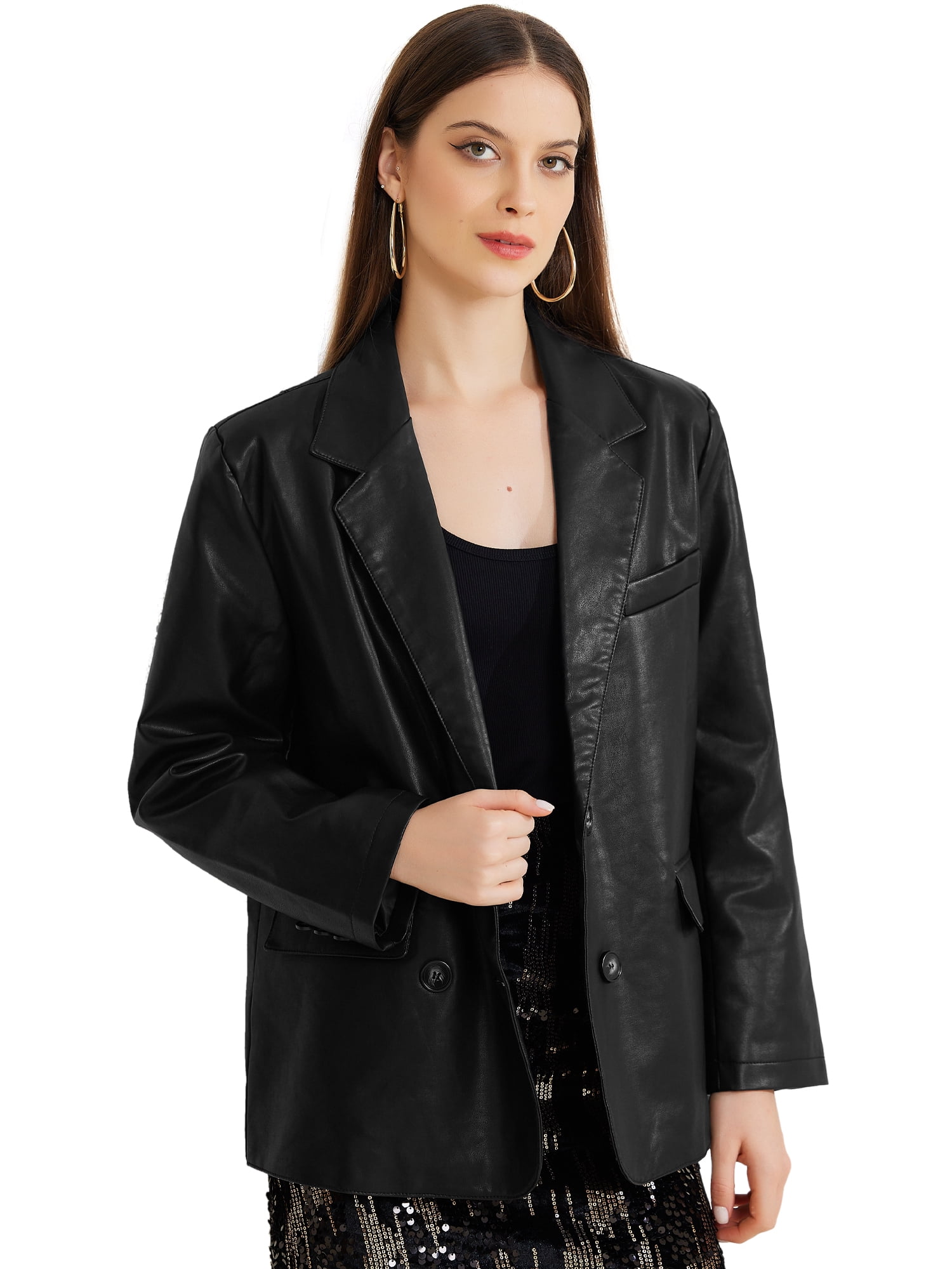 DARING DIVA Women's Faux Leather Blazer Notch Lapel Business Jackets S Black