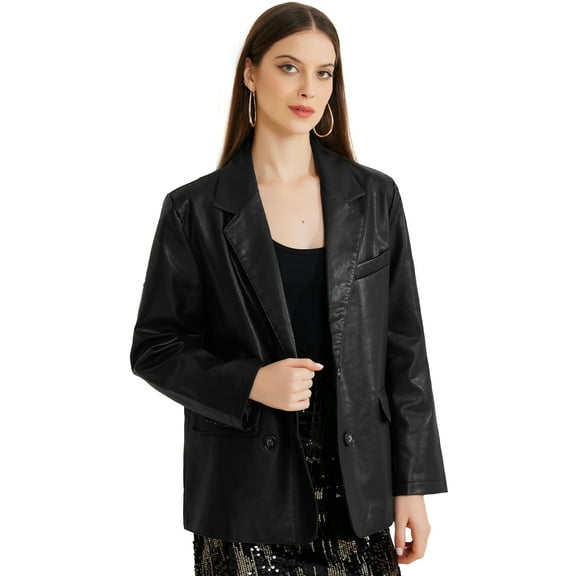 DARING DIVA Women's Faux Leather Blazer Notch Lapel Business Jackets S Black
