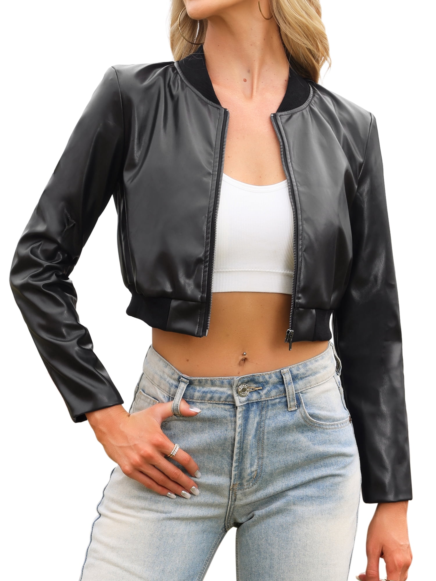DARING DIVA Women's Faux Leather Bomber Zip Up PU Moto Biker Cropped Jacket M Black