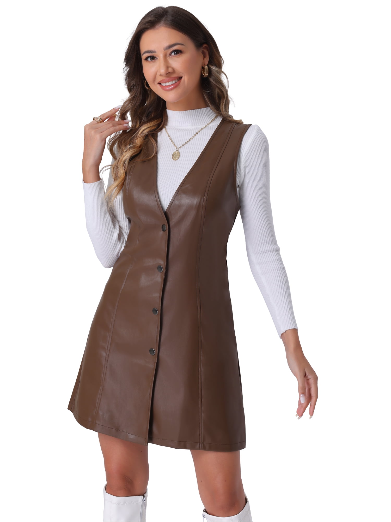 brown leather dress for women Rena Brown Faux Leather Dress | Women's Clothing