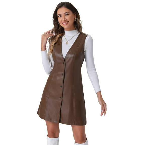 DARING DIVA Women's Faux Leather Button Down Mini Pinafore Dresses M Brown
