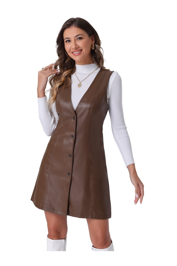 Women's Faux Leather Button Down Mini Pinafore Dresses M Brown
