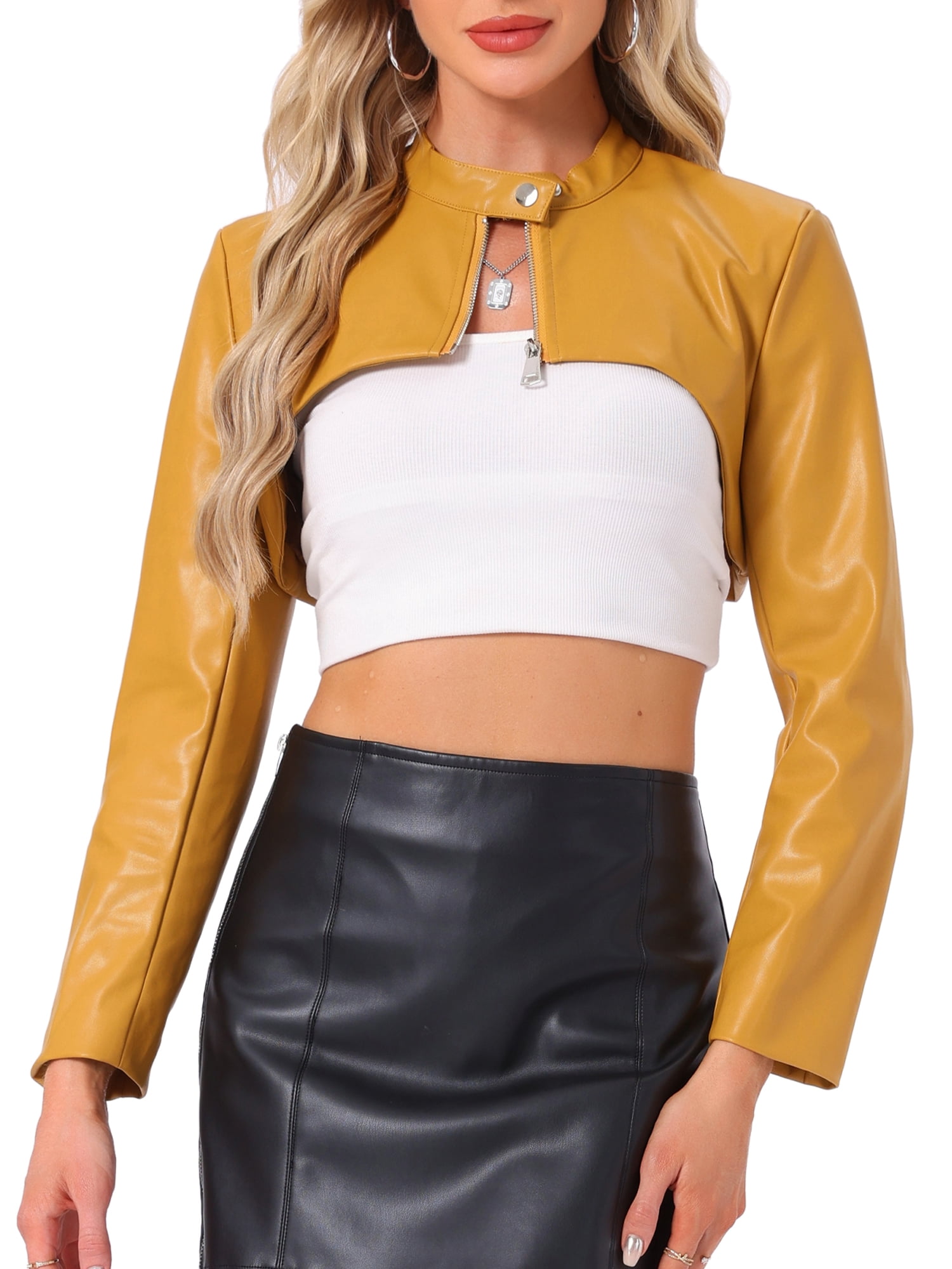 DARING DIVA Women's Faux Leather Cropped Stand Collar Zipper Front Moto Jacket S Yellow