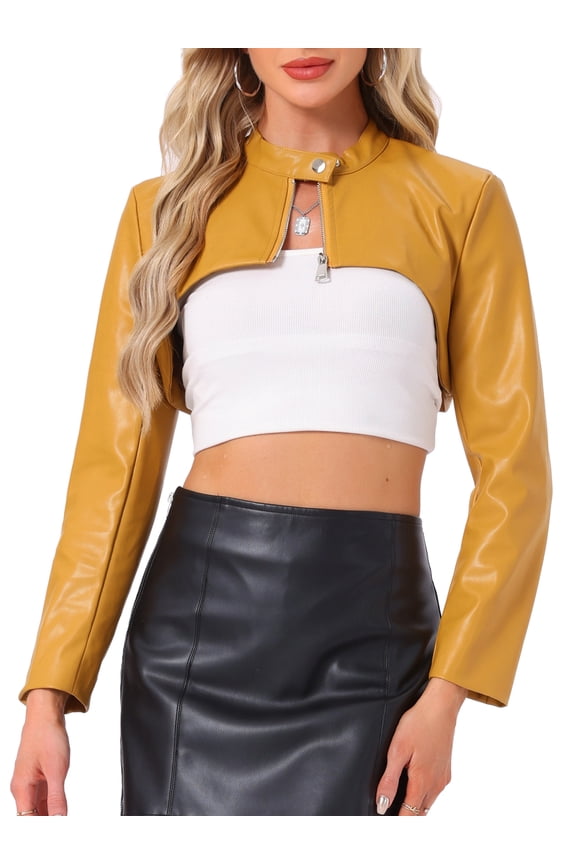 Women's Faux Leather Cropped Stand Collar Zipper Front Moto Jacket S Yellow