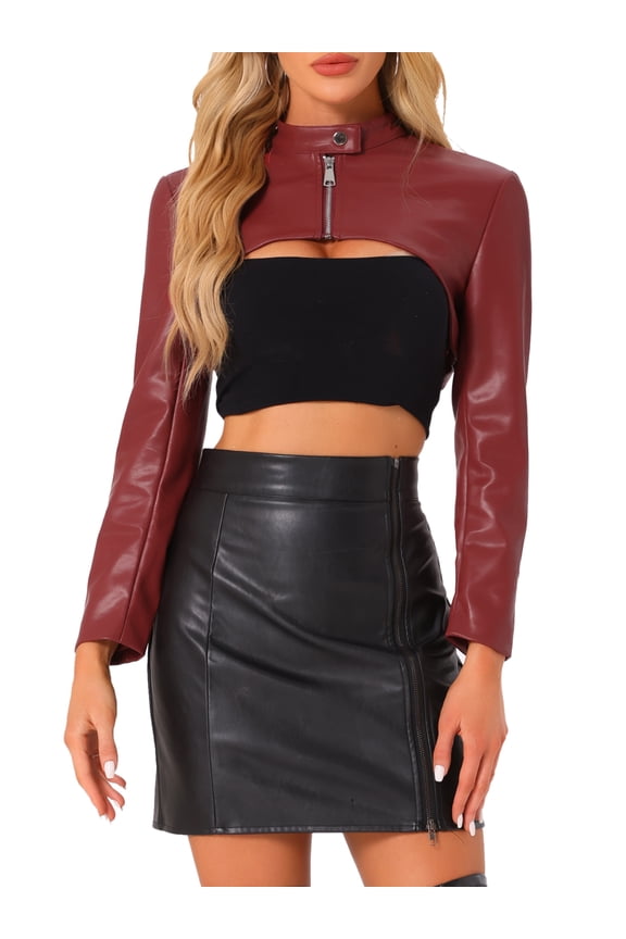 Women's Faux Leather Cropped Zipper Front Moto Jackets L Dark Red