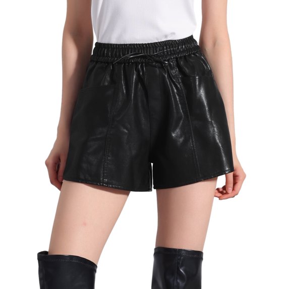 DARING DIVA Women's Faux Leather Elastic High Waist PU Shorts L Black