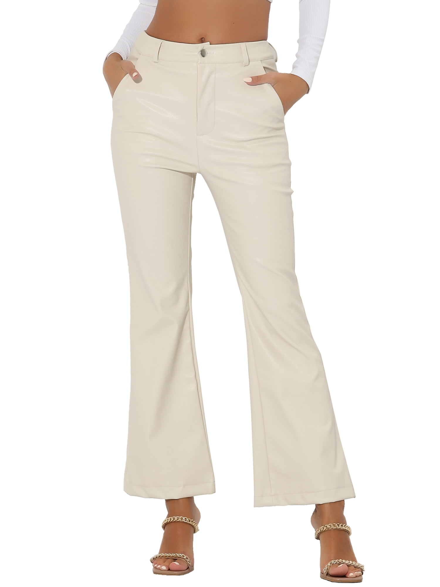 DARING DIVA Women's Faux Leather Flared High Waist Bell Bottom PU Trousers M White