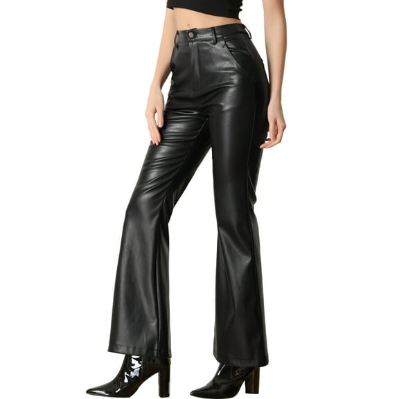 DARING DIVA Women's Faux Leather Flared High Waist Bell Bottom PU Trousers S Black