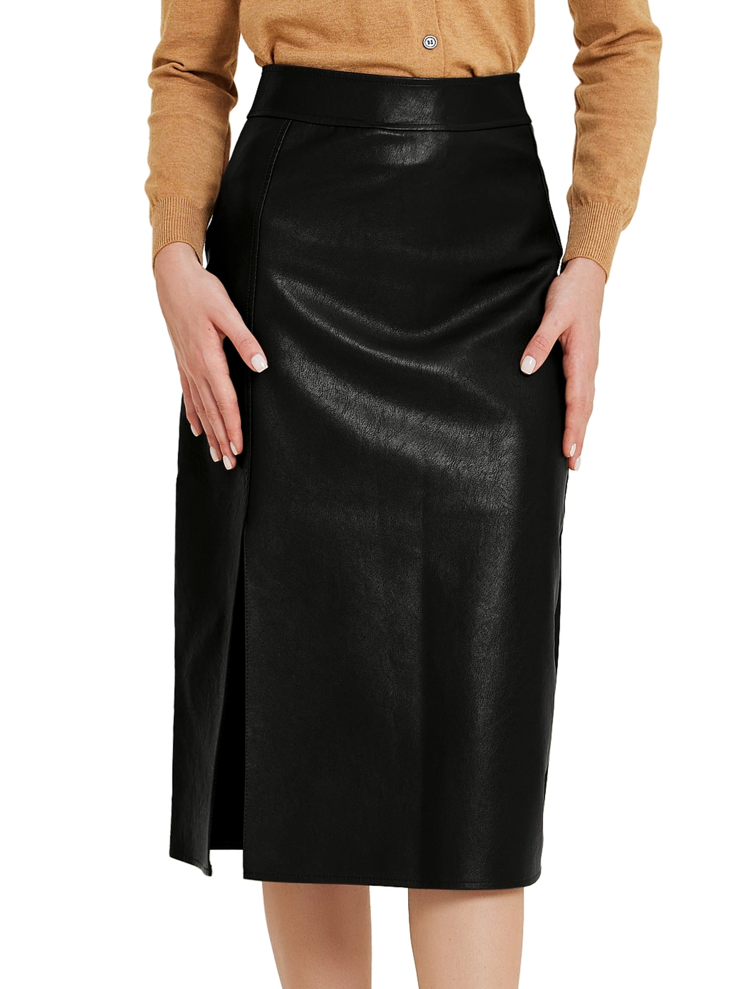 DARING DIVA Women's Faux Leather High Waist Side Slit Bodycon Pencil Midi Skirts L Black