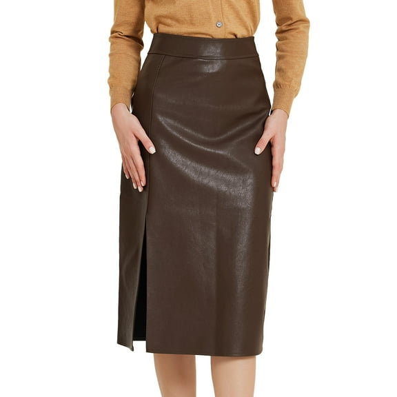 DARING DIVA Women's Faux Leather High Waist Side Slit Bodycon Pencil Midi Skirts M Brown