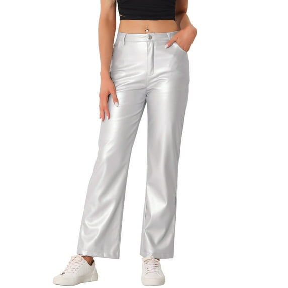 DARING DIVA Women's Faux Leather High Waist Straight Leg PU Punk Trousers L Silver