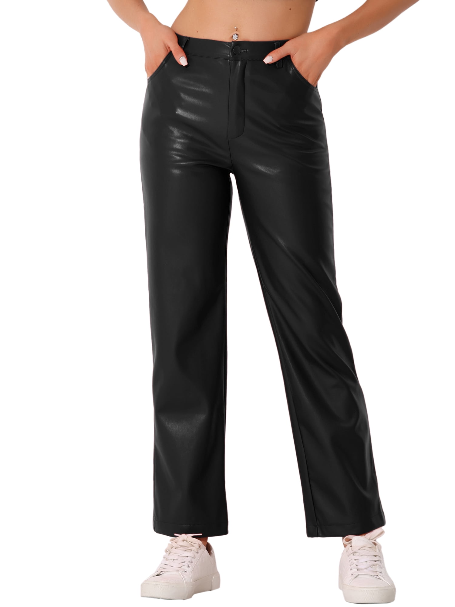 DARING DIVA Women's Faux Leather High Waist Straight Leg PU Punk Trousers S Black