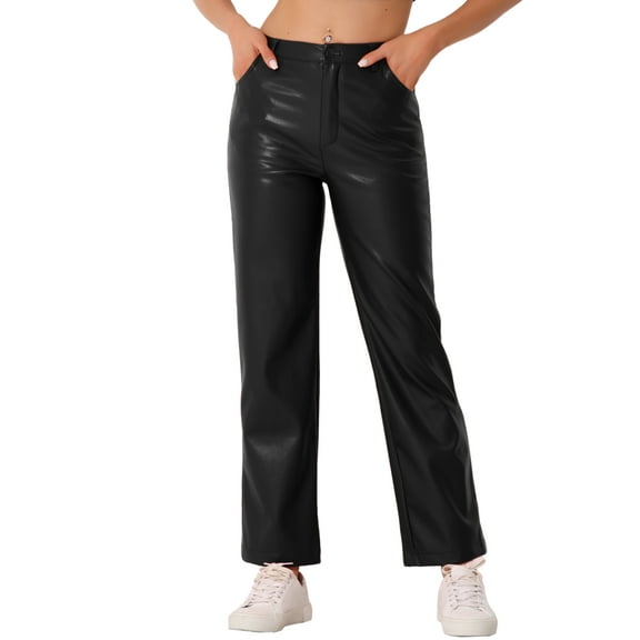 DARING DIVA Women's Faux Leather High Waist Straight Leg PU Punk Trousers S Black