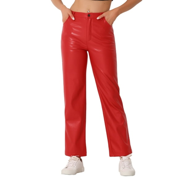 DARING DIVA Women's Faux Leather High Waist Straight Leg PU Punk Trousers XL Red