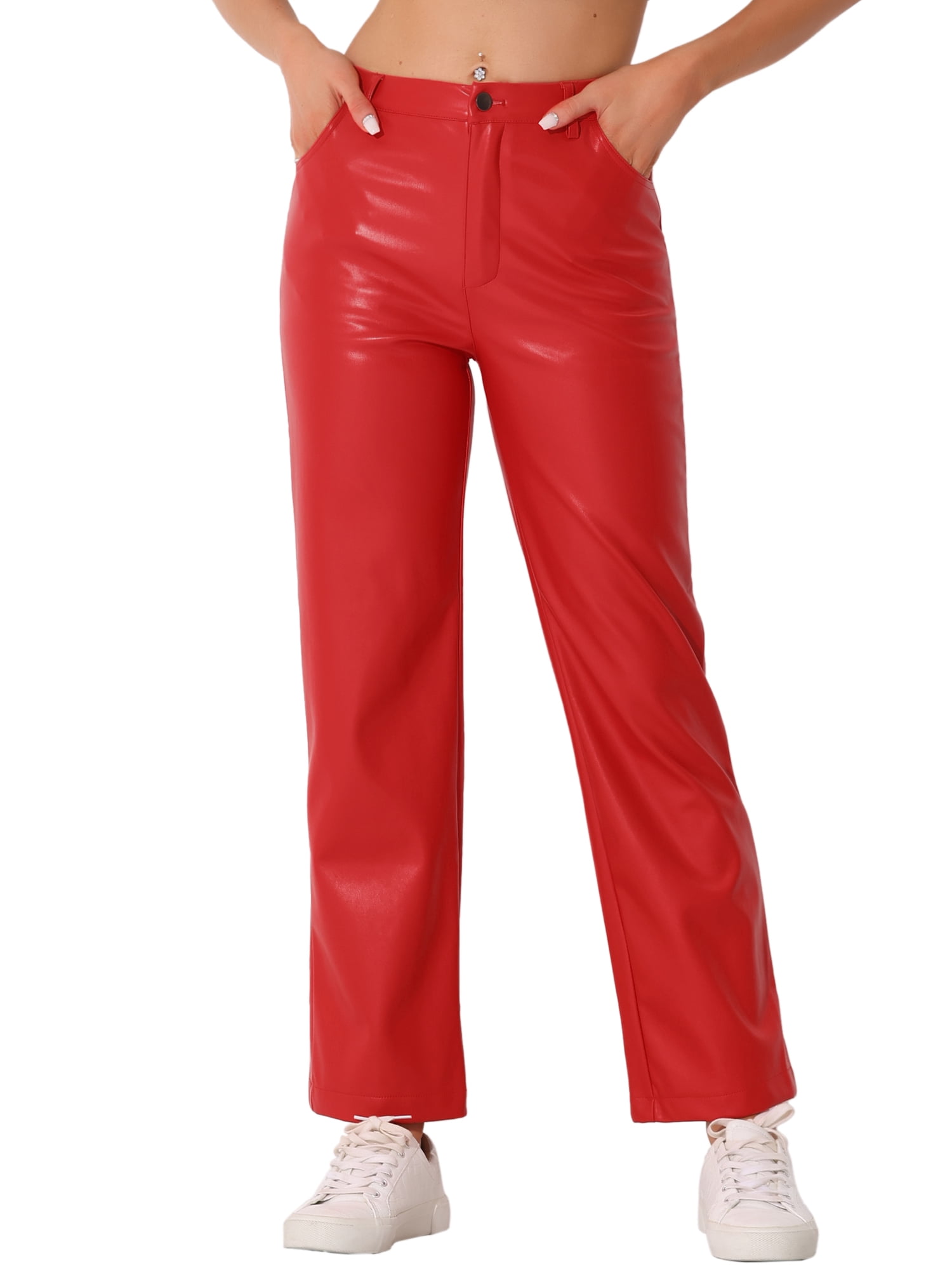 DARING DIVA Faux Leather Pants for Women's High Waist Straight Leg Punk PU Trousers XL Red