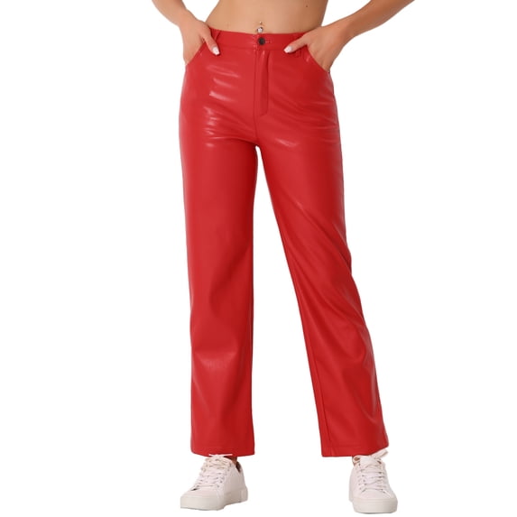DARING DIVA Faux Leather Pants for Women's High Waist Straight Leg Punk PU Trousers XL Red