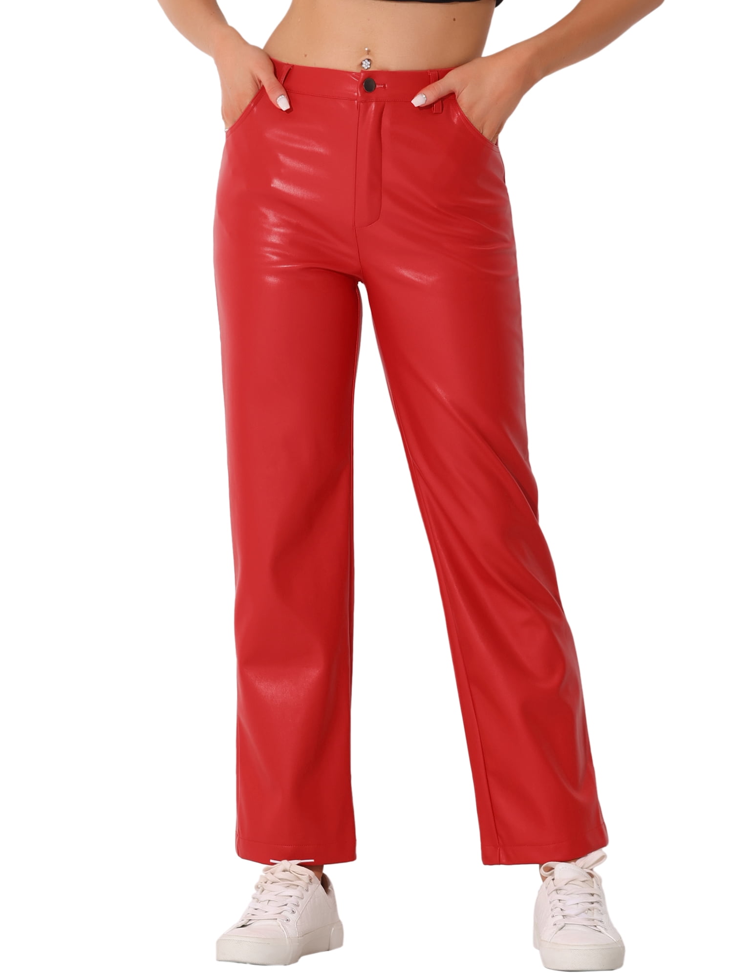 DARING DIVA Women's Faux Leather High Waist Straight Leg PU Punk Trousers XS Red