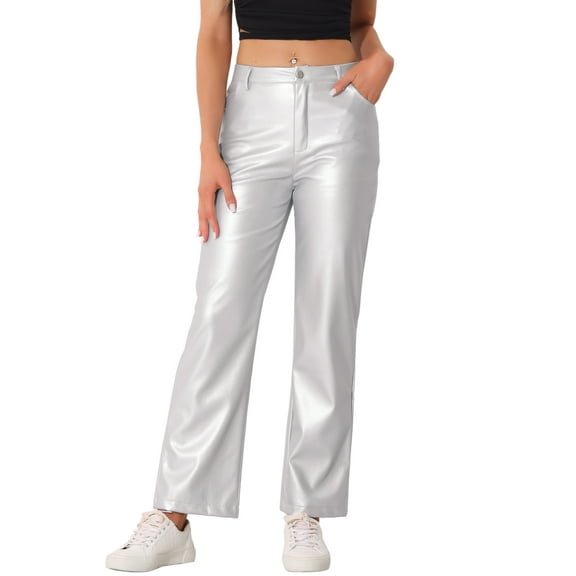 DARING DIVA Women's Faux Leather High Waist Straight Leg PU Punk Trousers XS Silver