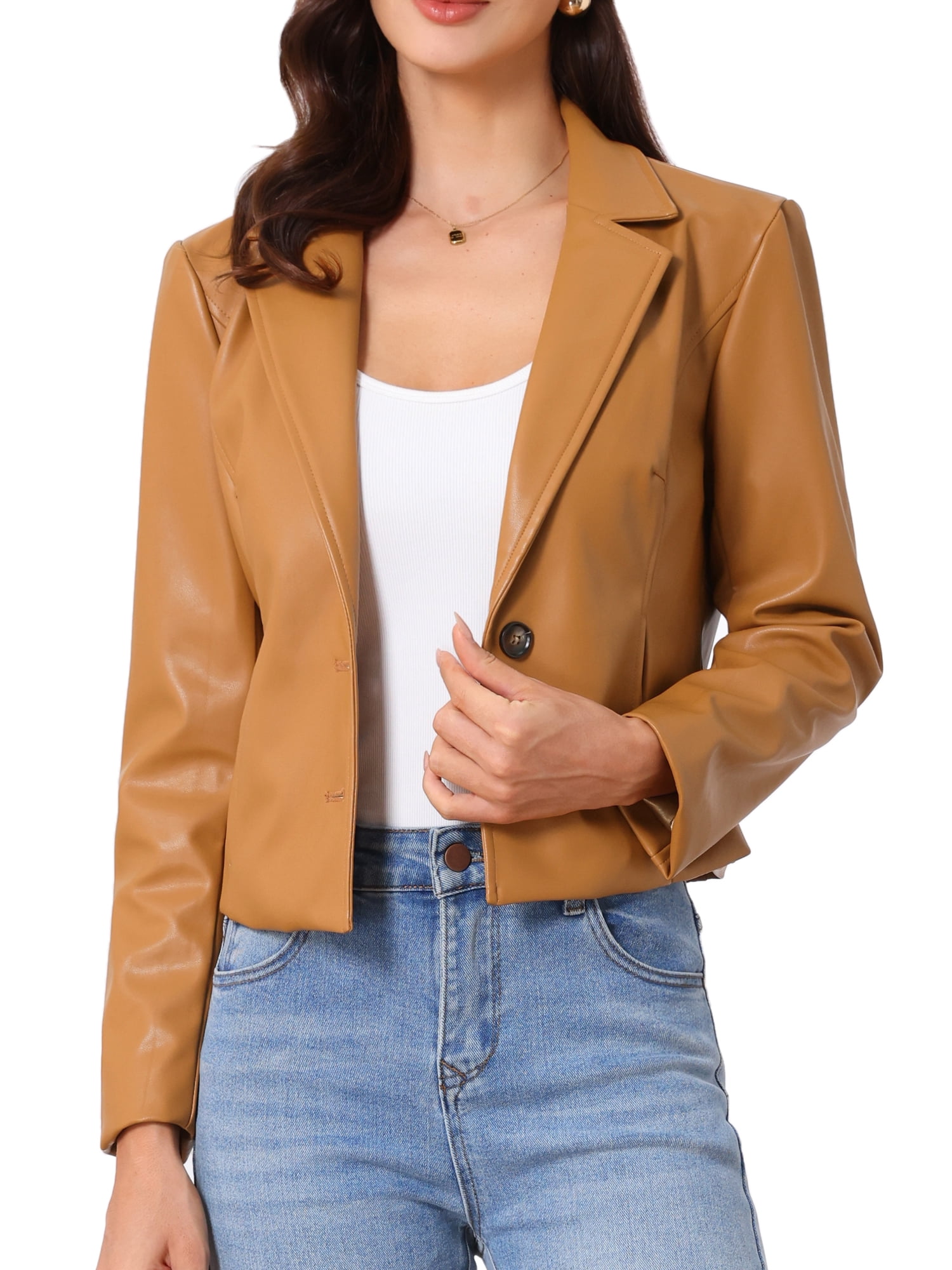 DARING DIVA Women's Faux Leather Motorcycle Jacket for Women Casual Cropped PU Leather L Light Brown