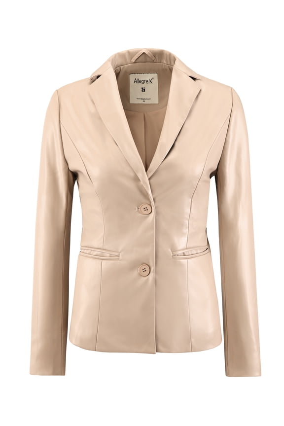 Women's Faux Leather Notched Lapel Casual Jacket XL Beige