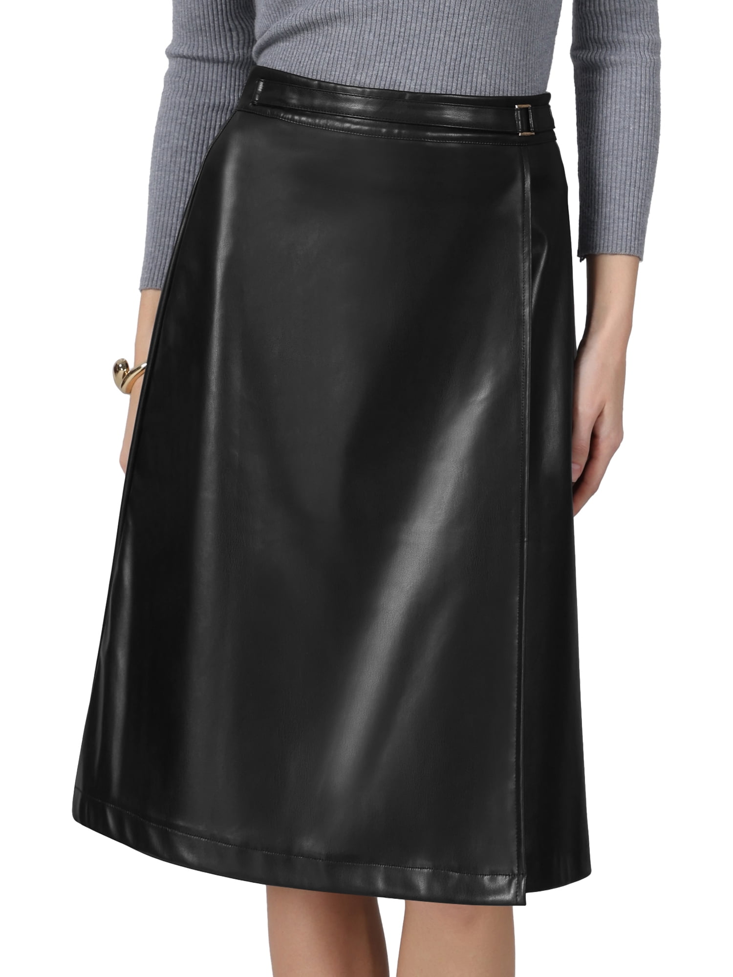 DARING DIVA Women's Faux Leather Skirt High Faux Wrap PU A-Line Skirts XL Black