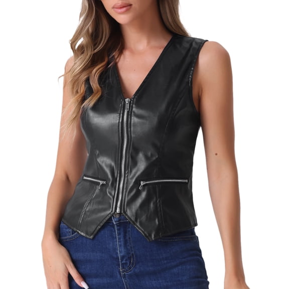 DARING DIVA Women's Faux Leather Waistcoat V Neck Sleeveless Zipper Vest L Black