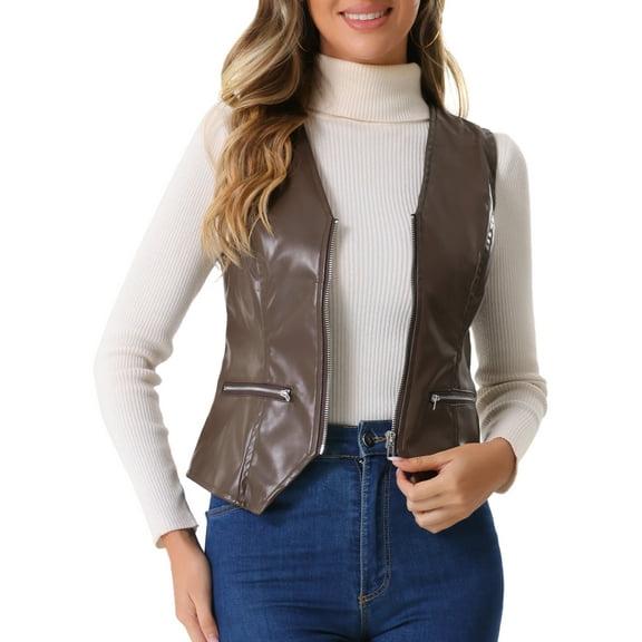 DARING DIVA Women's Faux Leather Waistcoat V Neck Sleeveless Zipper Vest M Brown